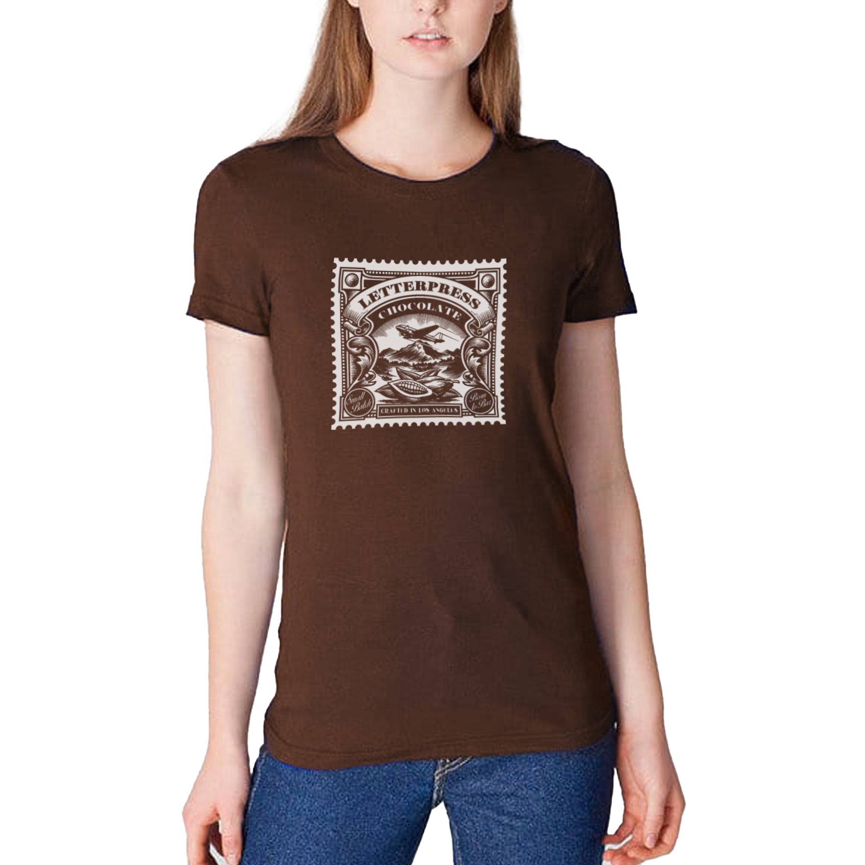 Women's brown - a woman wearing a tshirt with a white letterpress chocolate logo