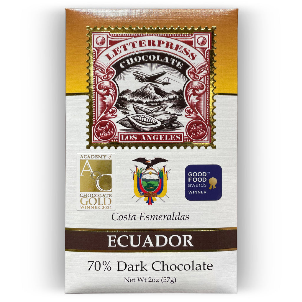 A photo of Ecuador 70% Dark Chocolate packaging on white background