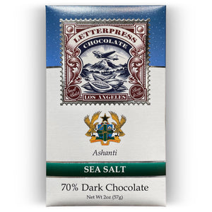 Ashanti Ghana 70% Dark Chocolate with Sea Salt packaging on white background