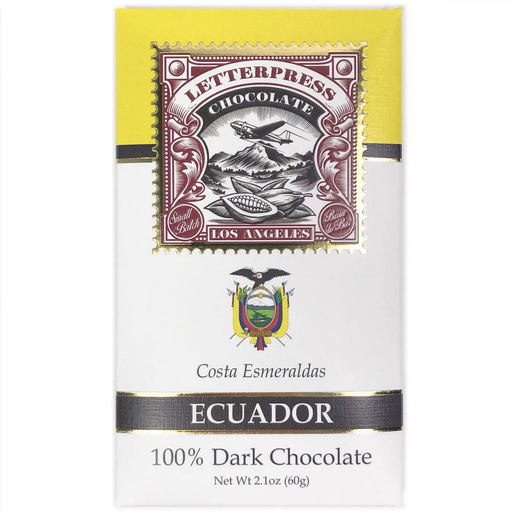 A photo of Ecuador 100% Dark Chocolate packaging on white background