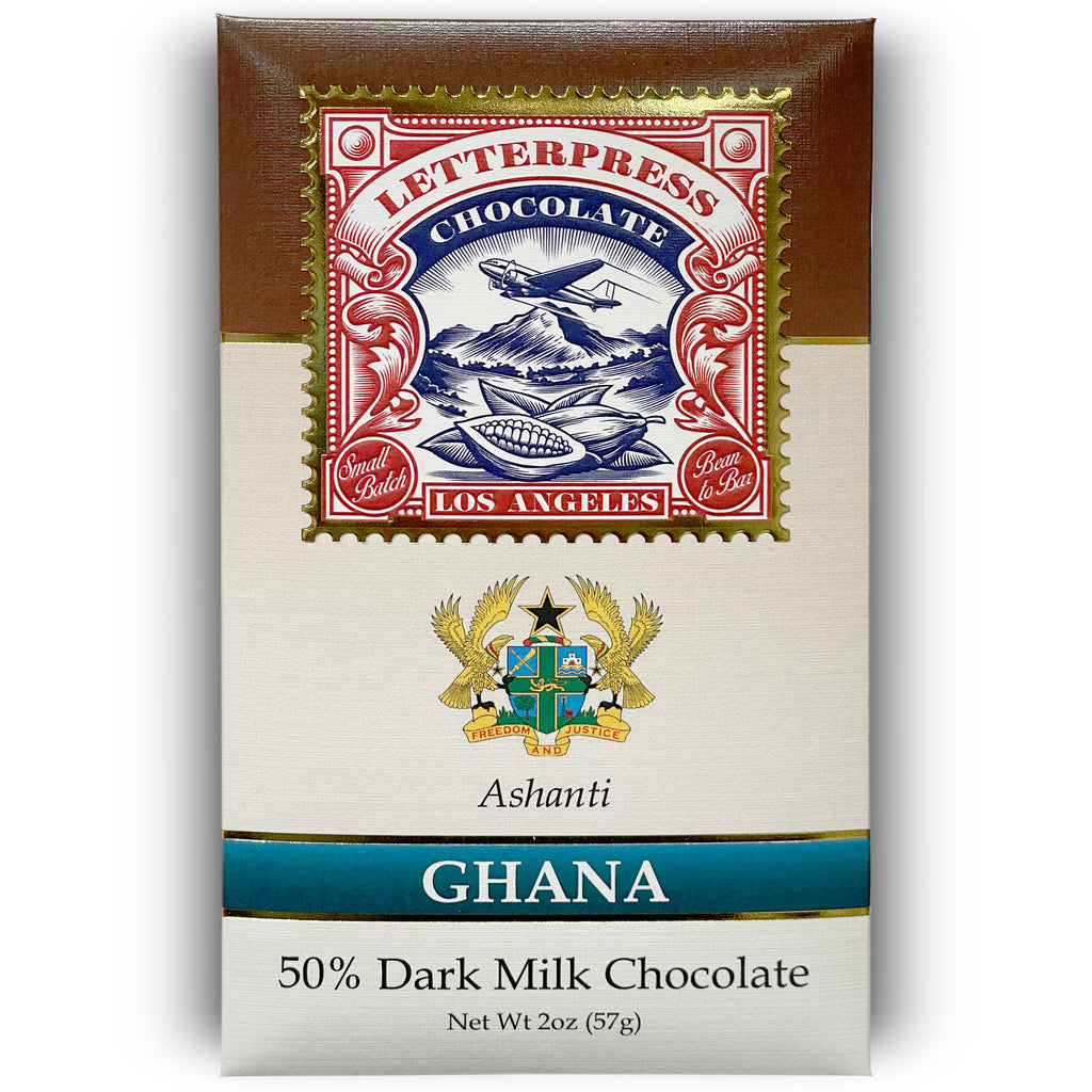 Ashanti Ghana 50% Dark Milk Chocolate packaging on white background