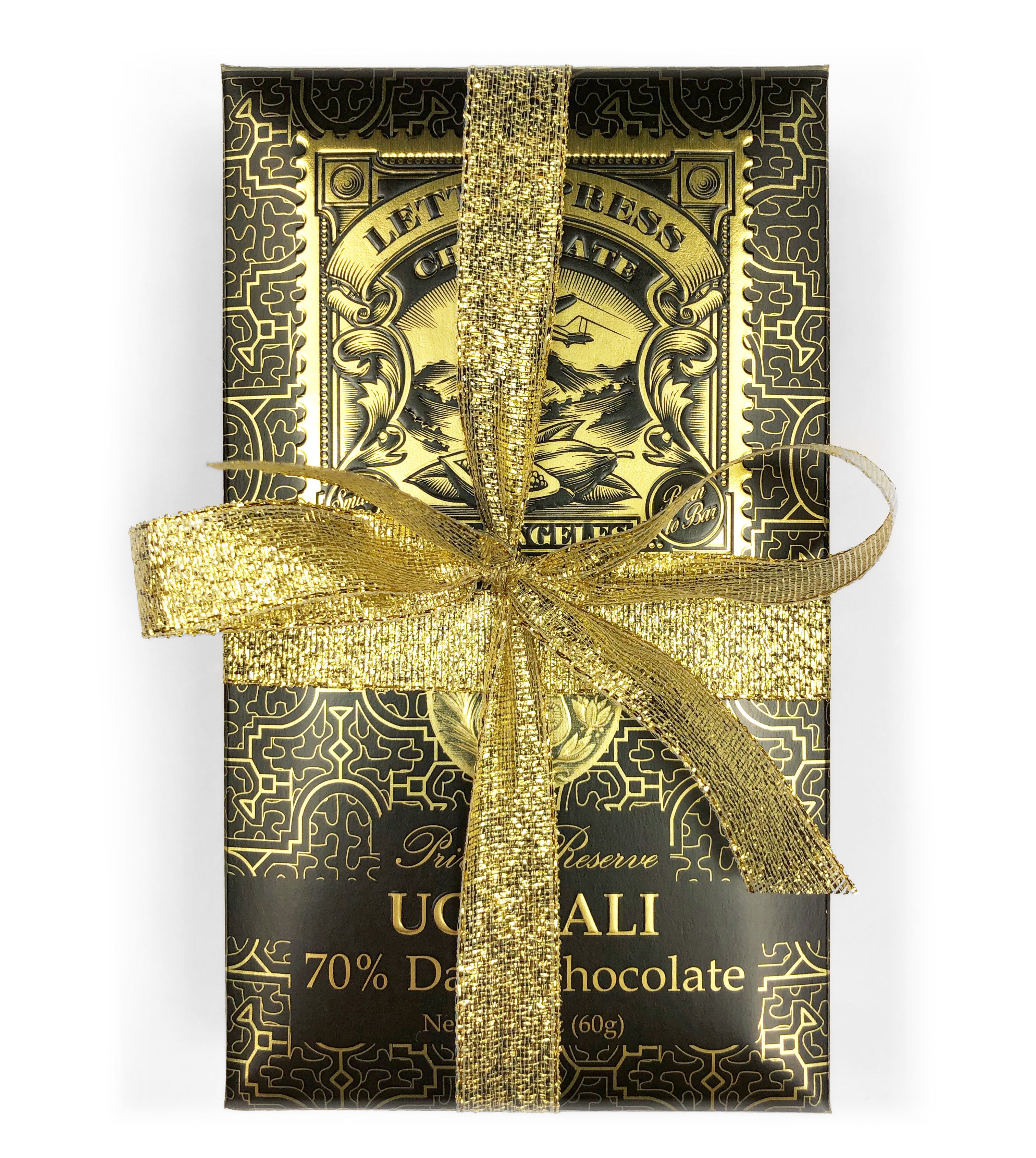 Deluxe Gift Set - Ucayali 70% Dark Chocolate bar with gold ribbon on white background - see description for details 