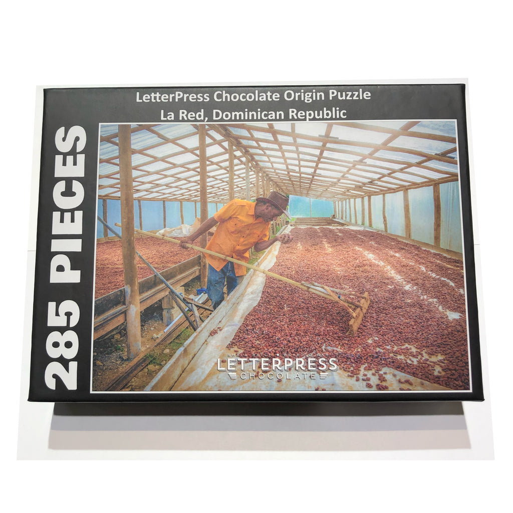 Puzzle showing a cacao farmer inspecting cacao beans in a solar dryer