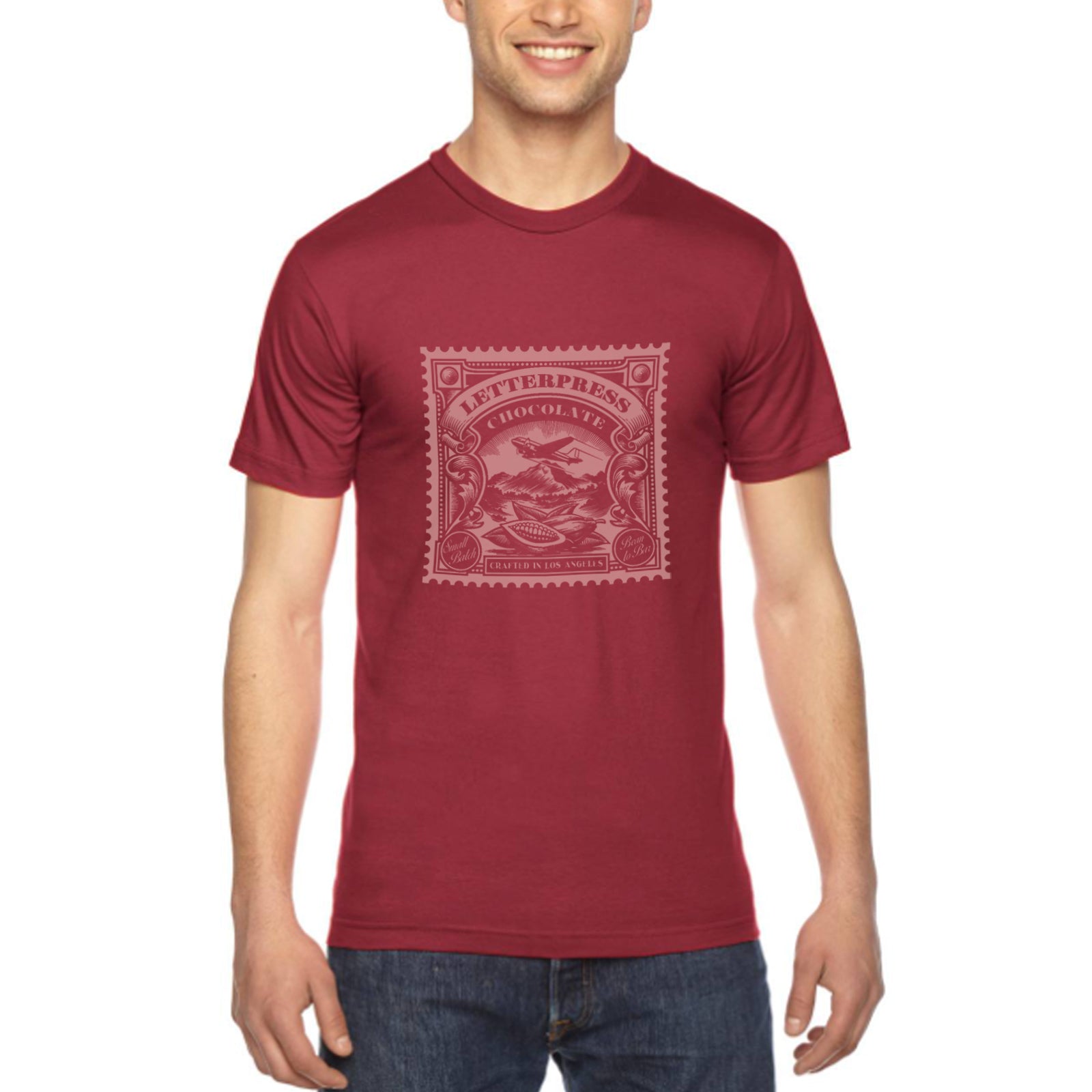 Men's cranberry - A man wearing a tshirt with a white letterpress chocolate logo