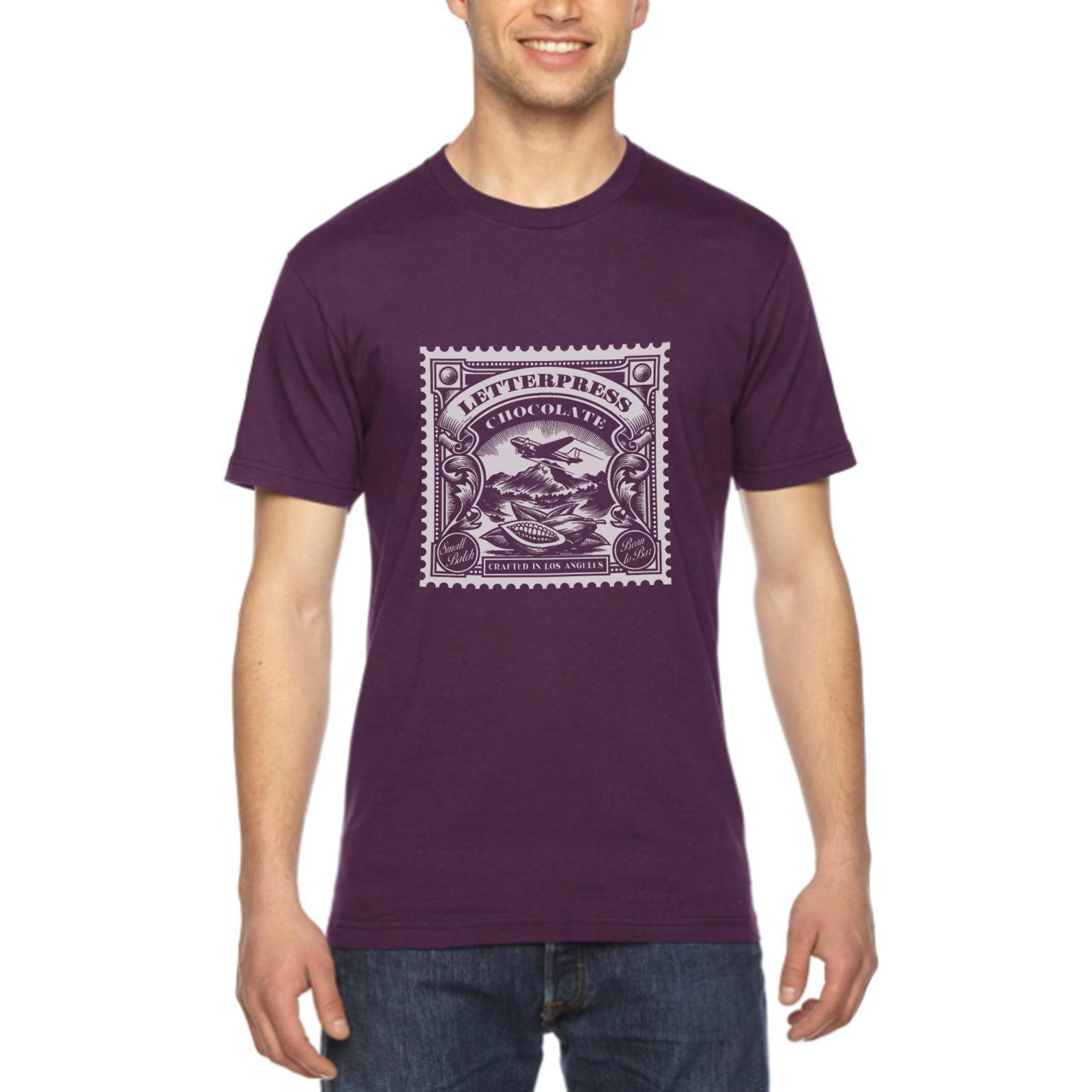 Men's eggplant - A man wearing a tshirt with a white letterpress chocolate logo