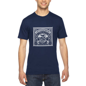 Men's navy - A man wearing a tshirt with a white letterpress chocolate logo