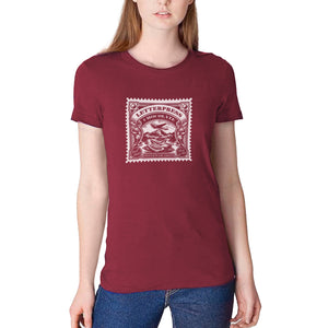 Women's cranberry - a woman wearing a tshirt with a white letterpress chocolate logo