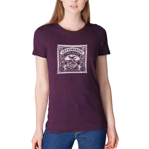 Women's eggplant - a woman wearing a tshirt with a white letterpress chocolate logo